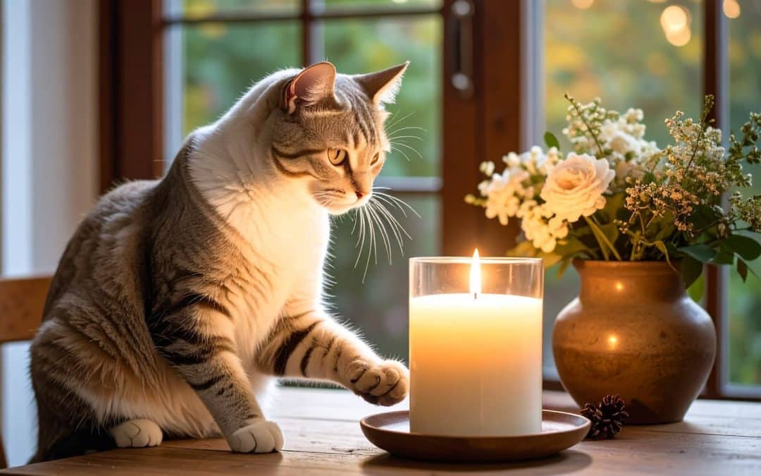 A tabby cat sits on a wooden table, curiously reaching toward a lit candle. A vase with white flowers and a window are in the background.
